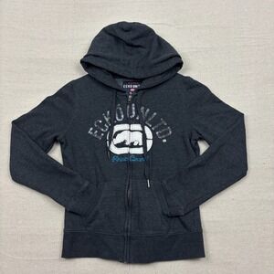Y2K ECKO UNLTD Womens Charcoal Gray Rhinoceros Graphic Zip Up Hoodie Sweatshirt